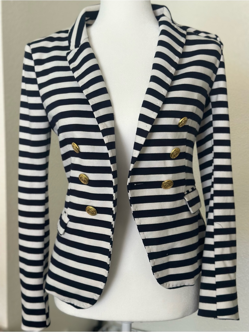 H&M Nautical Navy White Striped Knit Blazer Gold Crest Buttons US 8 M